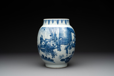 A Chinese blue and white vase with narrative design, Transitional period