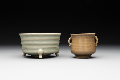 Two Chinese Longquan celadon incense burners and three saucers, Yuan/Ming
