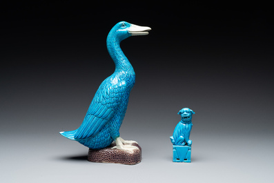 Two Chinese white-glazed Bodhisattva, a sancai-glazed duck and a turquoise-glazed lion, 20th C.
