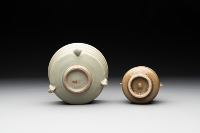 Two Chinese Longquan celadon incense burners and three saucers, Yuan/Ming