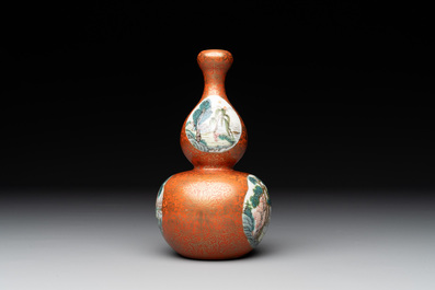 A Chinese famille rose coral-red-ground 'landscape' gourd vase, Qianlong mark, Republic
