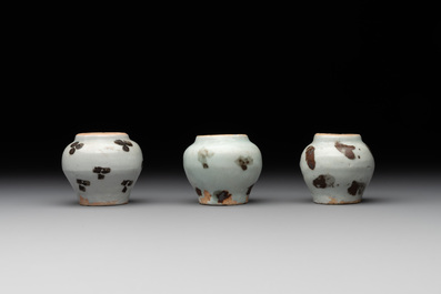 Five Chinese russet-splashed Longquan celadon jarlets, Song/Yuan