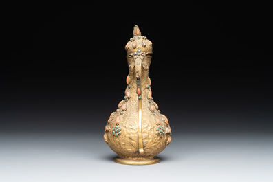 An Ottoman coral-and-turquoise-inlaid gilt-copper tea service with five Chinese wucai cups, 19th C.