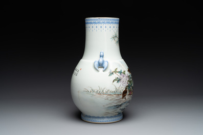 A Chinese famille rose 'quails' 'hu' vase, signed Xiong Mengting 熊夢亭, dated 1969