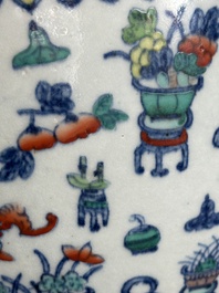 A Chinese doucai 'antiquities' 'hu' vase, Qianlong mark, 19th C.