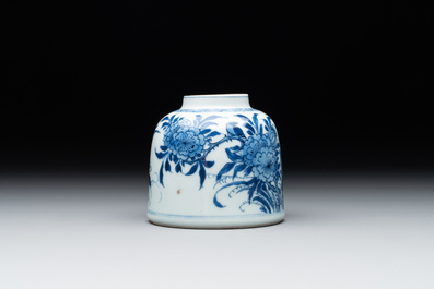 A Chinese blue and white bell-shaped water pot with birds among flowering branches, Kangxi