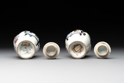 A pair of Chinese famille rose 'antiquities' tea caddies and covers, Yongzheng/Qianlong