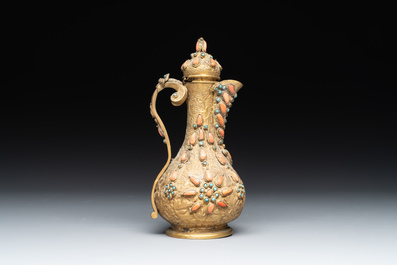 An Ottoman coral-and-turquoise-inlaid gilt-copper tea service with five Chinese wucai cups, 19th C.