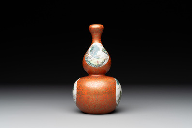 A Chinese famille rose coral-red-ground 'landscape' gourd vase, Qianlong mark, Republic