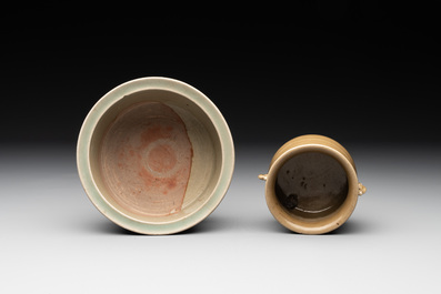 Two Chinese Longquan celadon incense burners and three saucers, Yuan/Ming