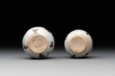 Five Chinese russet-splashed Longquan celadon jarlets, Song/Yuan