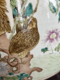A large Chinese famille rose 'quails and chrysanthemum' 'tianqiu ping' vase, Qianlong mark, 19th C.