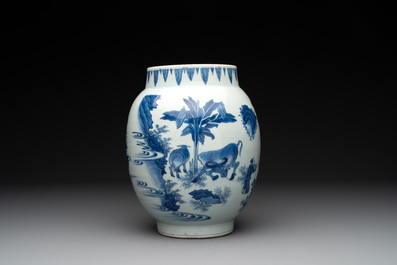 A Chinese blue and white vase with narrative design, Transitional period