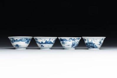 Four Chinese blue and white 'landscape' cups and saucers, Kangxi