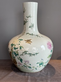 A large Chinese famille rose 'quails and chrysanthemum' 'tianqiu ping' vase, Qianlong mark, 19th C.