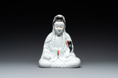 Two Chinese white-glazed Bodhisattva, a sancai-glazed duck and a turquoise-glazed lion, 20th C.