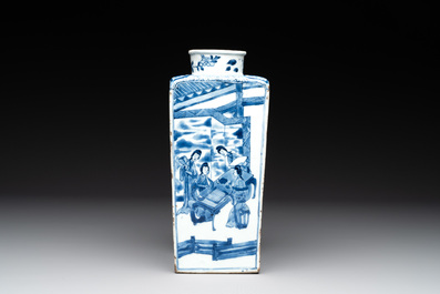 A Chinese blue and white square bottle with figural design, Kangxi