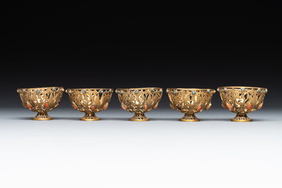 An Ottoman coral-and-turquoise-inlaid gilt-copper tea service with five Chinese wucai cups, 19th C.
