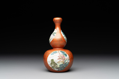 A Chinese famille rose coral-red-ground 'landscape' gourd vase, Qianlong mark, Republic