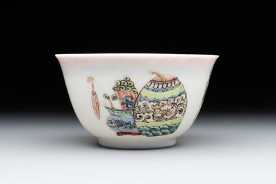 A fine Chinese famille rose 'lady, boy and rabbit' cup, Yongzheng