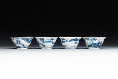 Four Chinese blue and white 'landscape' cups and saucers, Kangxi