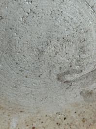 A Chinese famille rose yellow-ground relief-molded 'antiquities' fish bowl, Zhengde mark, 19th C.