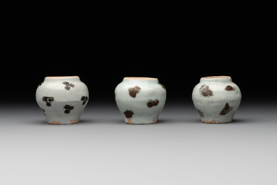 Five Chinese russet-splashed Longquan celadon jarlets, Song/Yuan