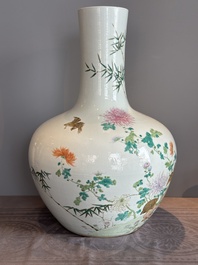 A large Chinese famille rose 'quails and chrysanthemum' 'tianqiu ping' vase, Qianlong mark, 19th C.