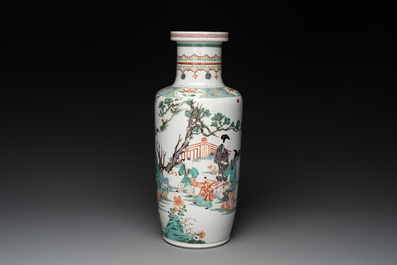 A Chinese famille verte 'Er Qiao Bing Du 二喬并讀&lsquo; rouleau vase, Chenghua mark, 20th C.