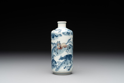 A large Chinese blue, white and copper-red 'zodiac' snuff bottle, squirrel mark, 19th C.