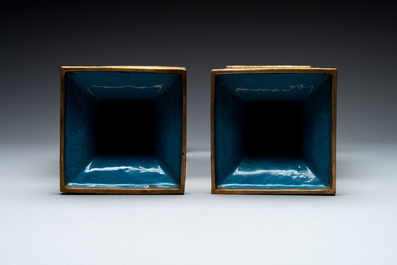 A pair of fine Chinese rectangular cloisonn&eacute; 'antiquities' 'gu' vases, 19/20th C.