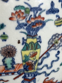 A Chinese doucai 'antiquities' 'hu' vase, Qianlong mark, 19th C.