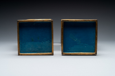 A pair of fine Chinese rectangular cloisonn&eacute; 'antiquities' 'gu' vases, 19/20th C.