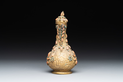 An Ottoman coral-and-turquoise-inlaid gilt-copper tea service with five Chinese wucai cups, 19th C.