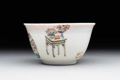 A fine Chinese famille rose 'lady, boy and rabbit' cup, Yongzheng