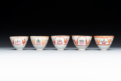 An Ottoman coral-and-turquoise-inlaid gilt-copper tea service with five Chinese wucai cups, 19th C.