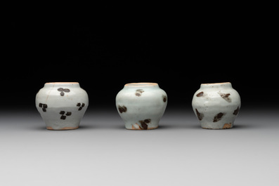 Five Chinese russet-splashed Longquan celadon jarlets, Song/Yuan