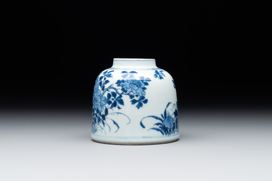 A Chinese blue and white bell-shaped water pot with birds among flowering branches, Kangxi