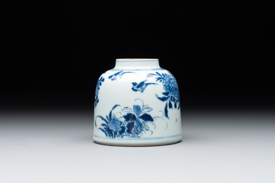 A Chinese blue and white bell-shaped water pot with birds among flowering branches, Kangxi