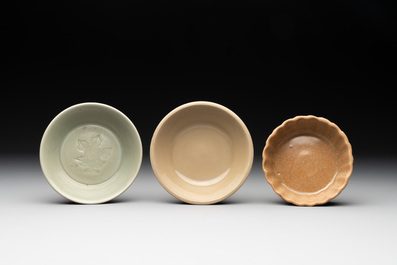 Two Chinese Longquan celadon incense burners and three saucers, Yuan/Ming