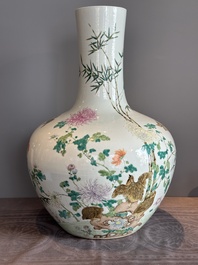 A large Chinese famille rose 'quails and chrysanthemum' 'tianqiu ping' vase, Qianlong mark, 19th C.