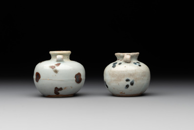 Five Chinese russet-splashed Longquan celadon jarlets, Song/Yuan