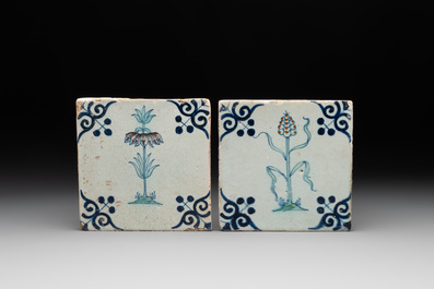 Five polychrome Dutch Delft 'flower' tiles, 17th C.