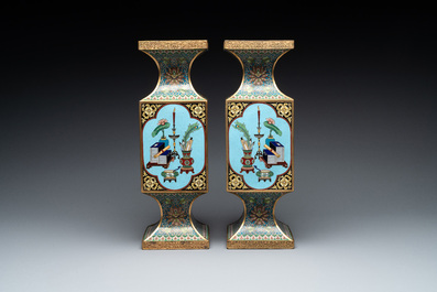A pair of fine Chinese rectangular cloisonn&eacute; 'antiquities' 'gu' vases, 19/20th C.