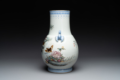 A Chinese famille rose 'quails' 'hu' vase, signed Xiong Mengting 熊夢亭, dated 1969