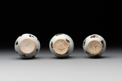 Five Chinese russet-splashed Longquan celadon jarlets, Song/Yuan
