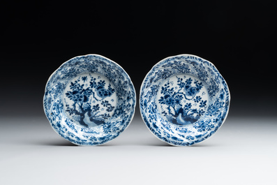 Five Chinese blue and white cups and saucers with floral design, Yu 玉 mark, Kangxi