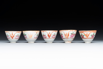 An Ottoman coral-and-turquoise-inlaid gilt-copper tea service with five Chinese wucai cups, 19th C.