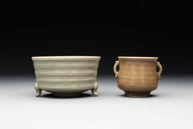 Two Chinese Longquan celadon incense burners and three saucers, Yuan/Ming