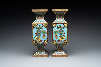 A pair of fine Chinese rectangular cloisonn&eacute; 'antiquities' 'gu' vases, 19/20th C.